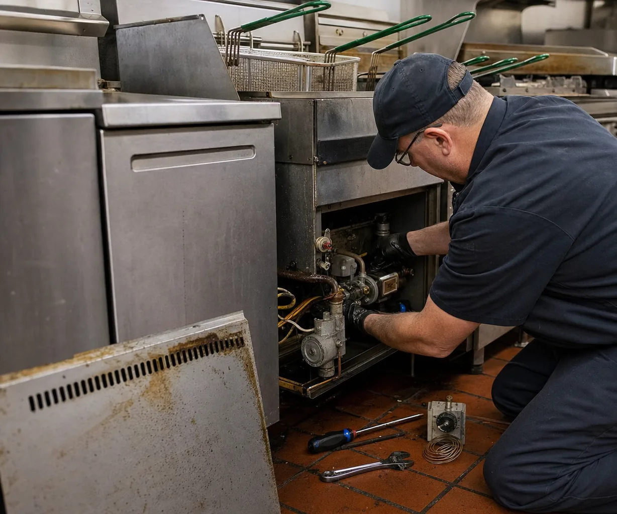 Technician servicing a commercial fryer and range line up close