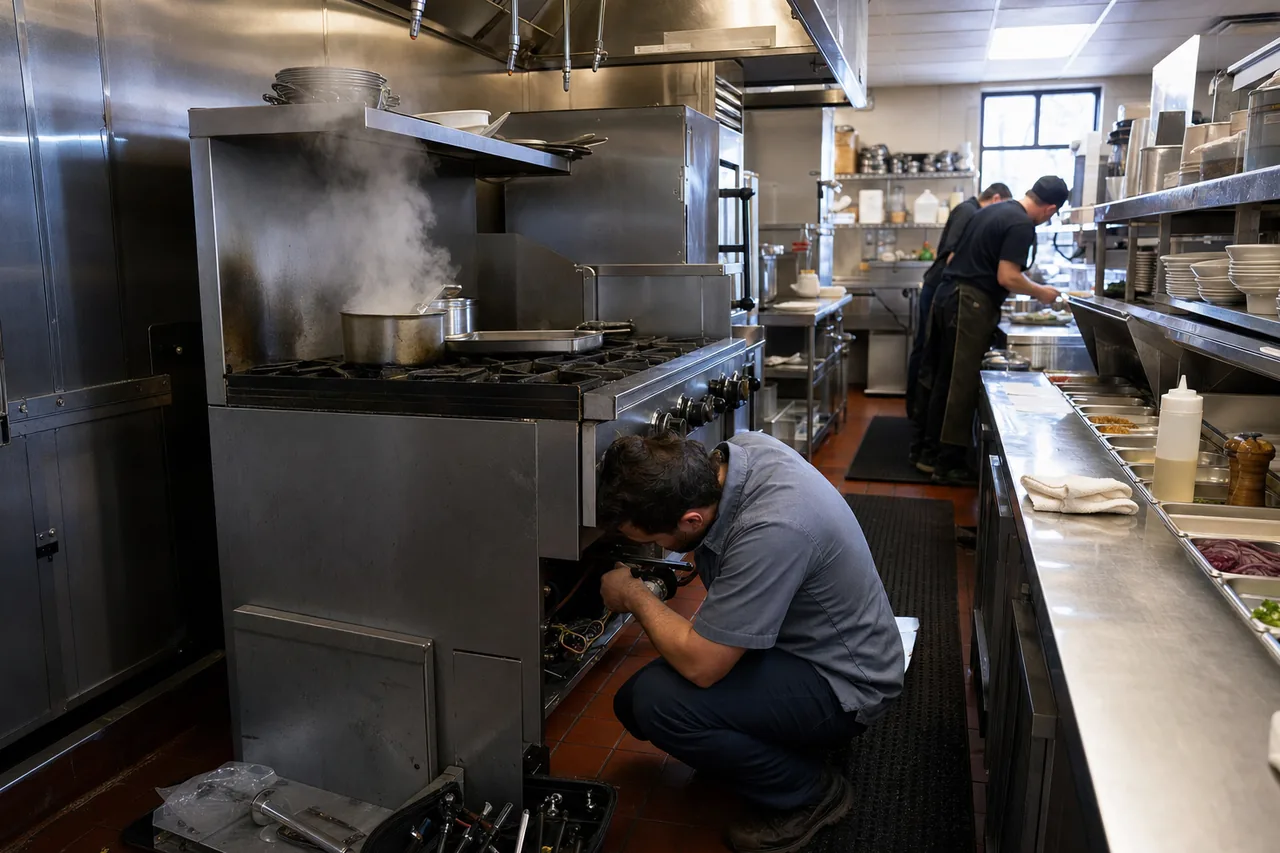 A stainless commercial kitchen line mid-repair