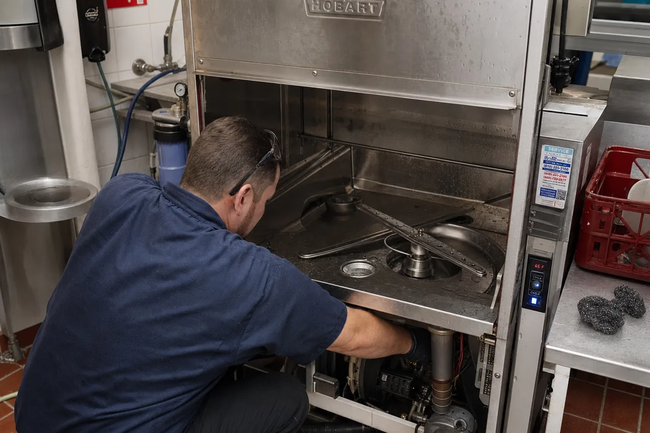 Technician servicing a commercial dish machine mid-repair
