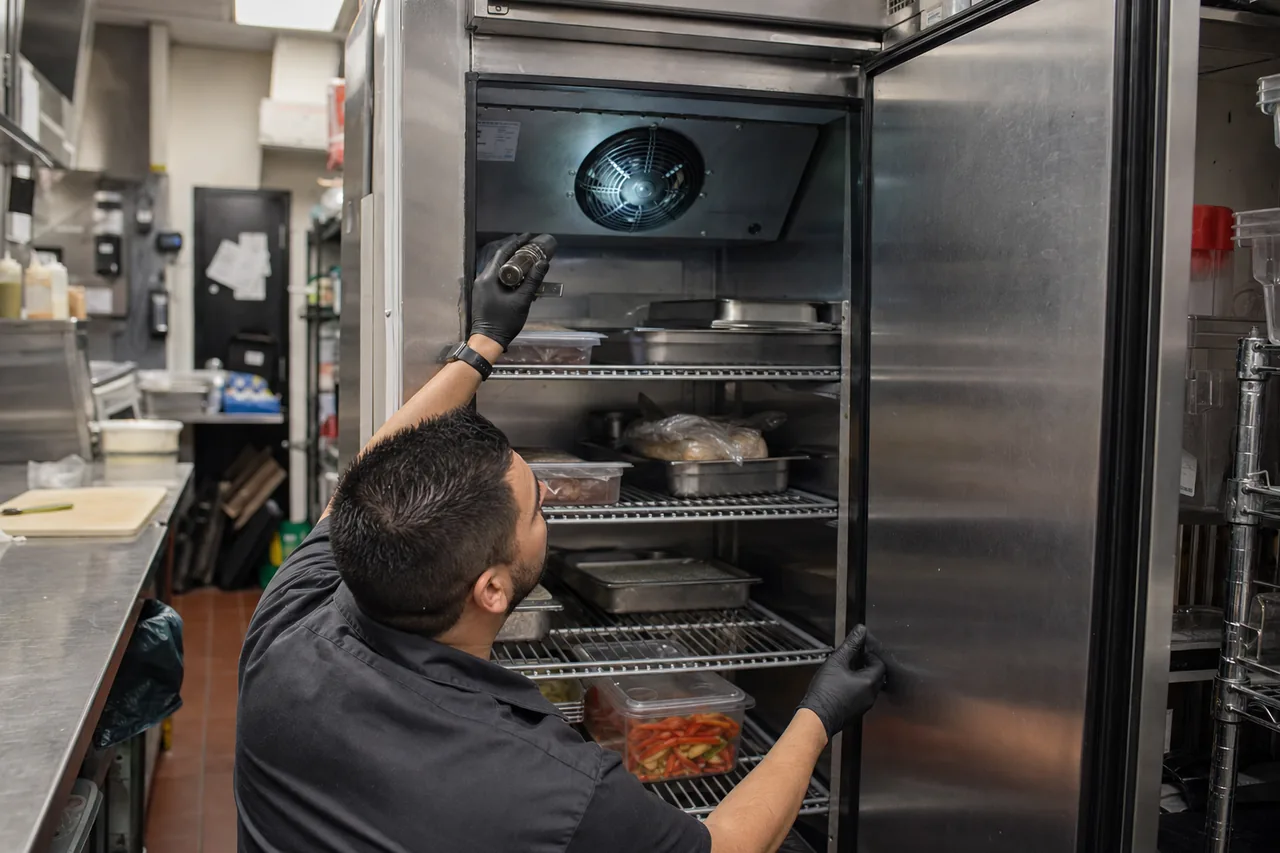 A New Rochelle commercial kitchen with stainless reach-in refrigeration and a cook line