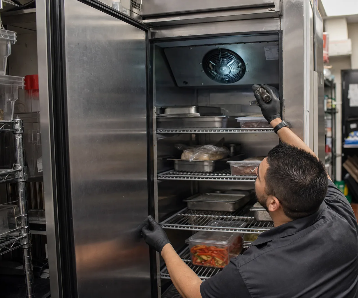 Technician servicing a commercial reach-in refrigerator in a New Rochelle commercial kitchen
