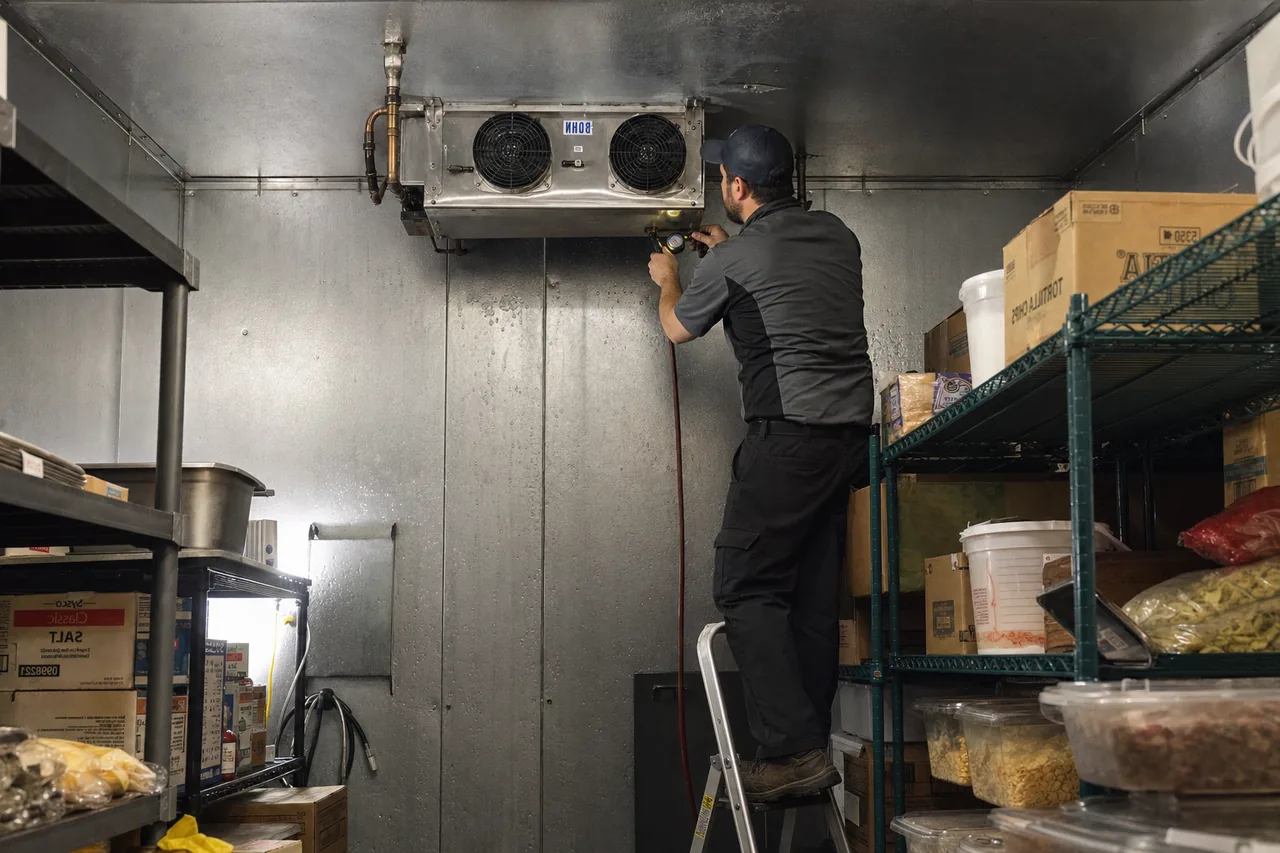 Technician servicing a walk-in cooler on a same-day service call